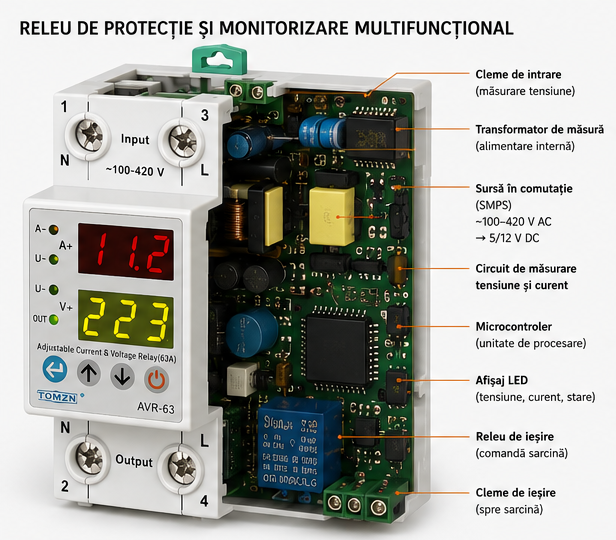 Releu de protecție și monitorizare multifuncțional pe șină DIN, cu afișaj LED indicând tensiunea rețelei